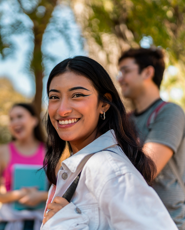 Portrait of a young woman with friends outdoors